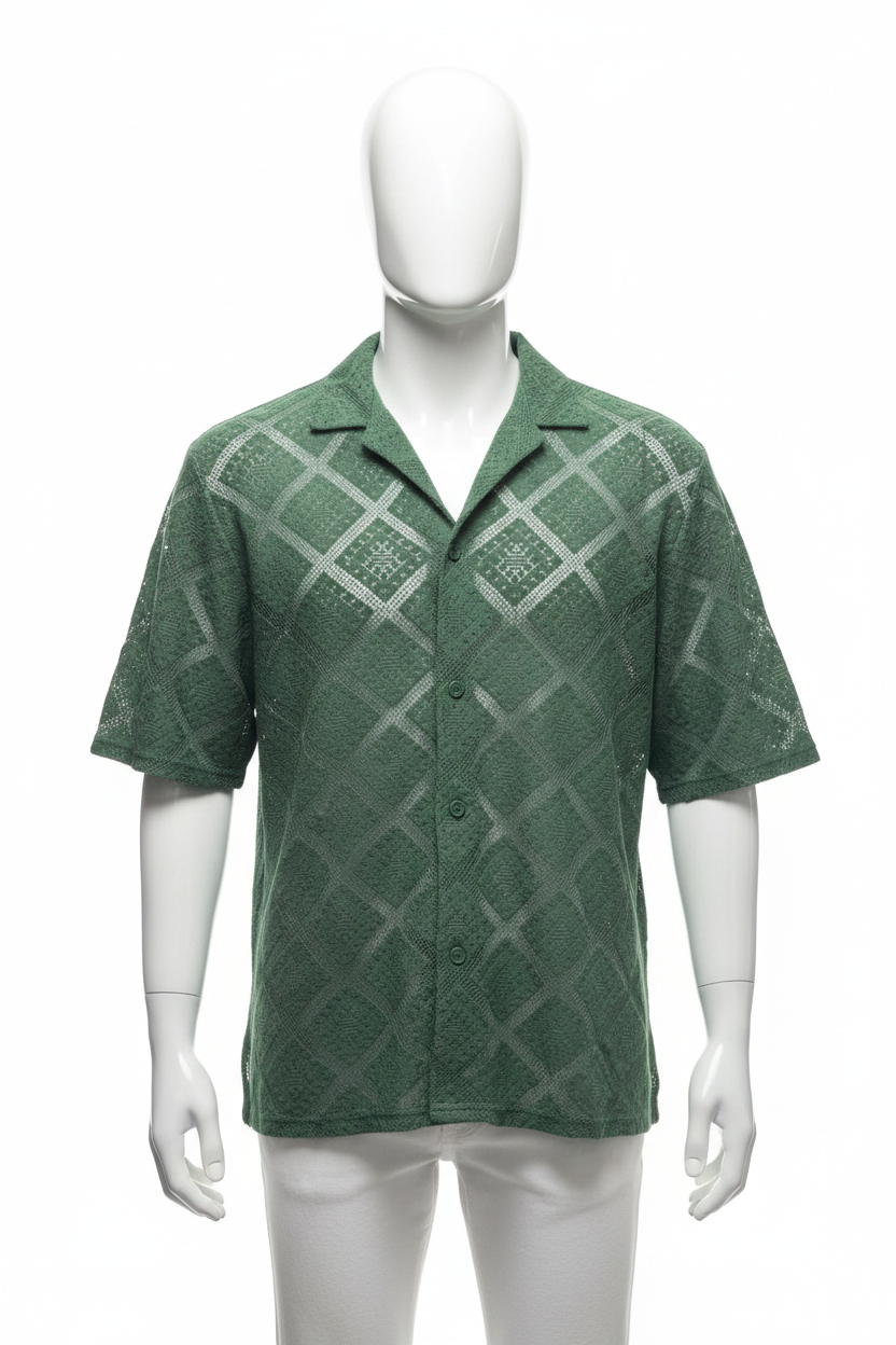 Forest green knit shirt on mannequin