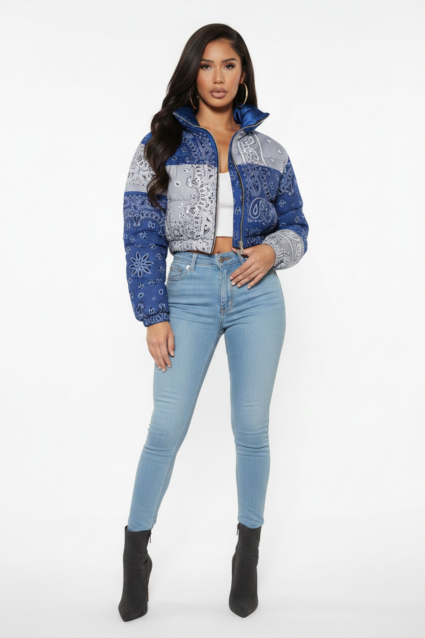 Veste Puffer Paisley Bleue